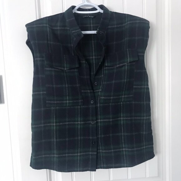SHEIN Shoulder Padded Flap Pocket Tartan Blouse - Picture 2 of 3